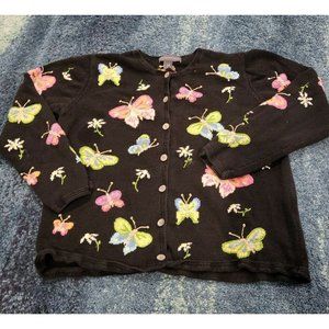 Northern Isles Women's Cardigan Size L Butterflies Daisies Cotton Blend Black